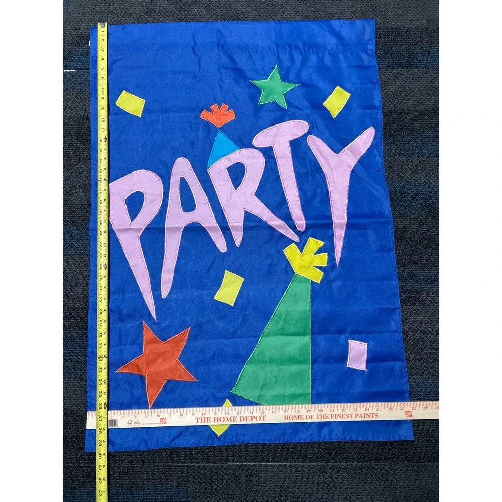 Birthday Party Garden Yard Flag Blue Applique Stars Hat 40x28 Vtg 90s Banner